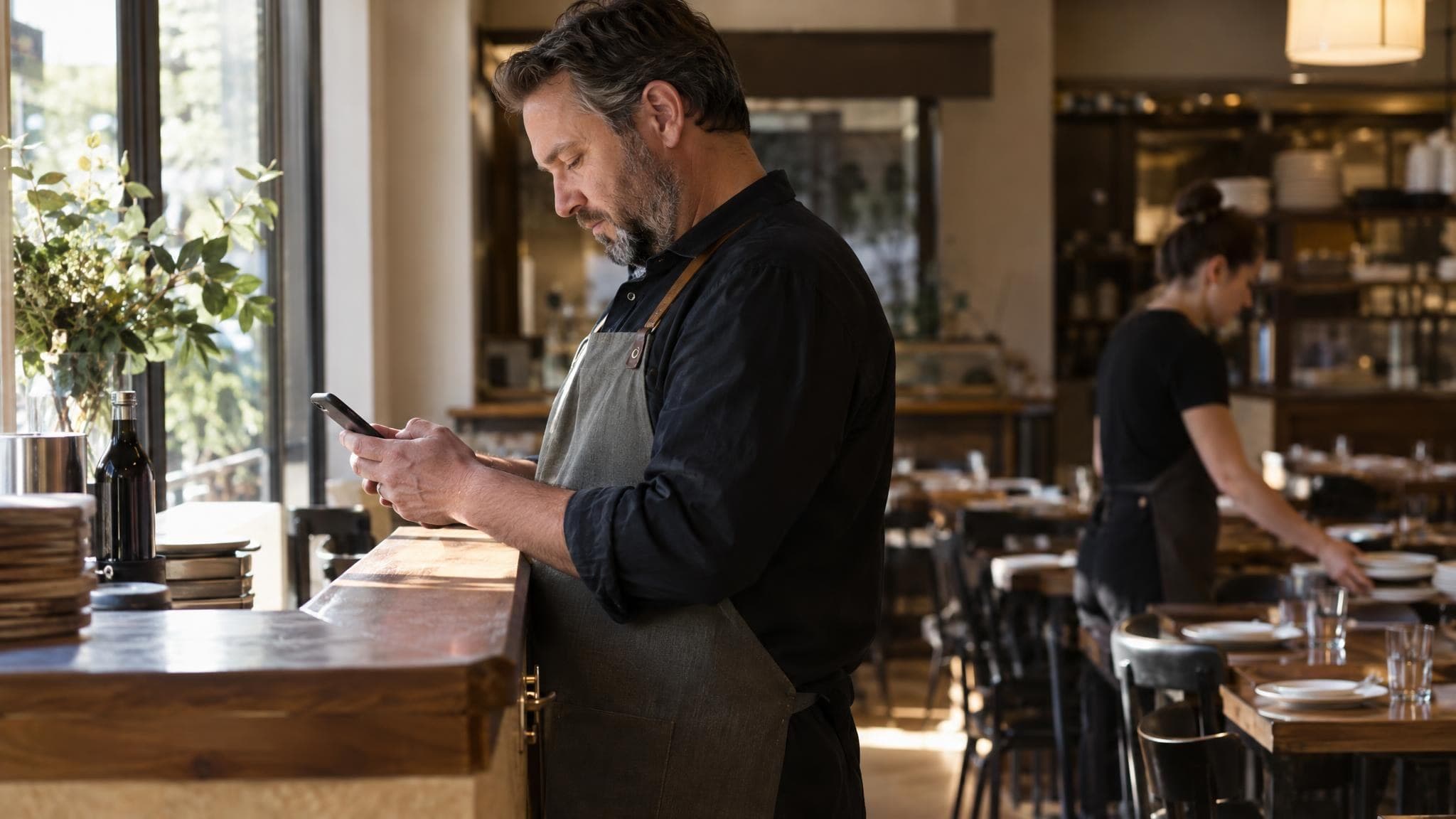 Restaurant operator checks a phone at a service counter as a staff member arranges plates in the background.