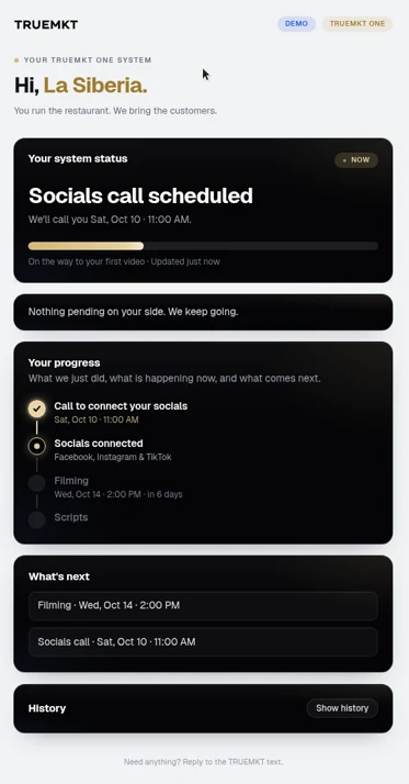 TRUEMKT ONE Tracker demo showing a scheduled social accounts call, progress, upcoming tasks and history.