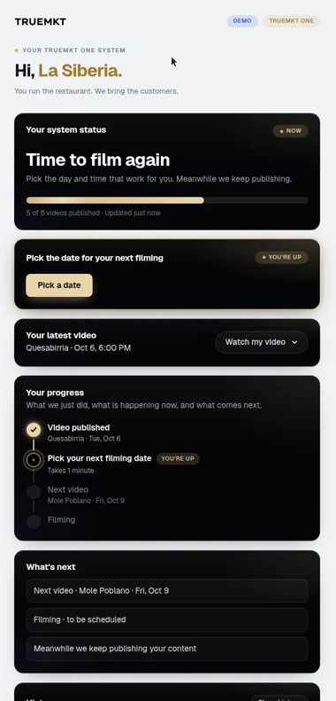 TRUEMKT ONE Tracker demo showing a filming reminder, a date-selection button, the latest video and progress.
