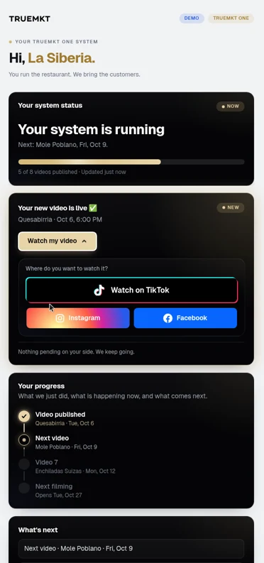 TRUEMKT ONE Tracker demo showing a published video with TikTok, Instagram and Facebook viewing options.