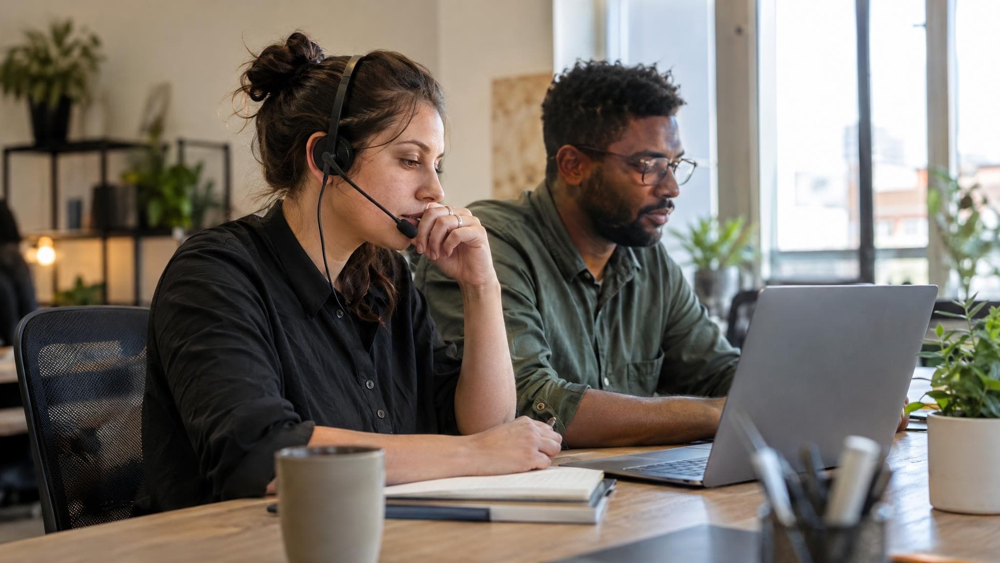 Two customer service colleagues at a desk, one wearing a headset and the other looking at a laptop.