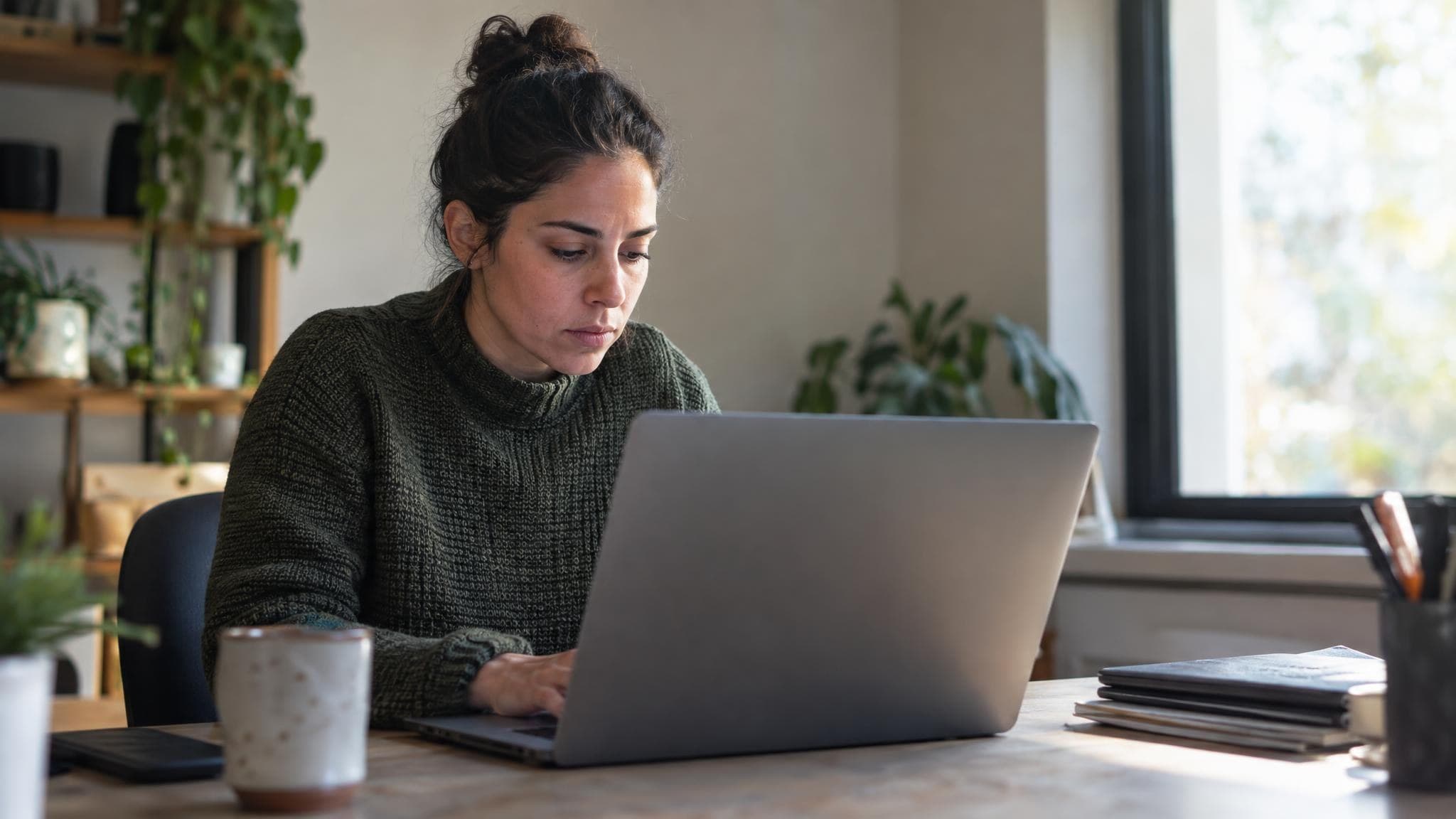 Una persona trabaja en una computadora portátil sobre un escritorio, con la pantalla fuera de vista.