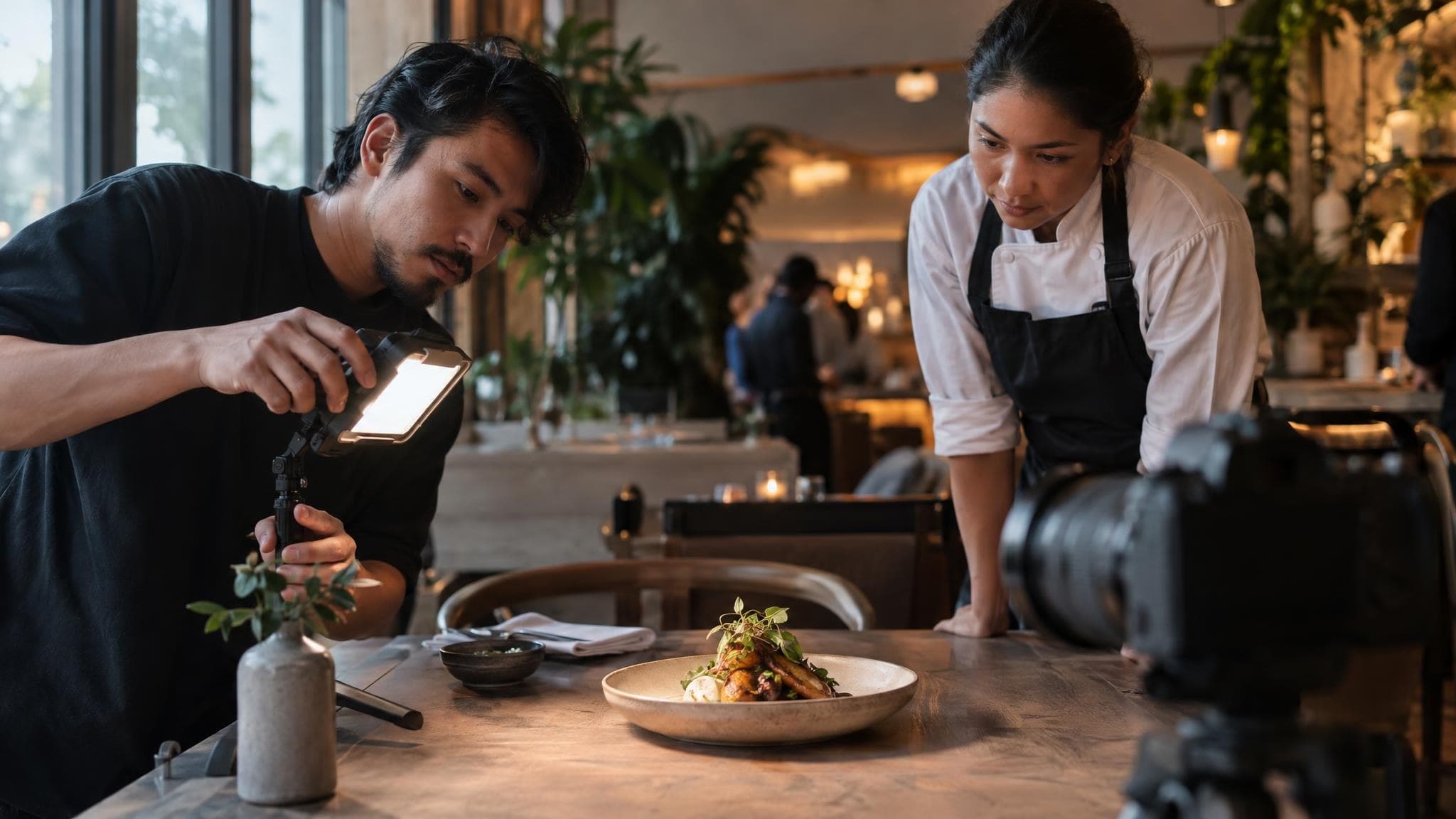 A content creator adjusts a light beside a plated dish while a restaurant staff member watches.